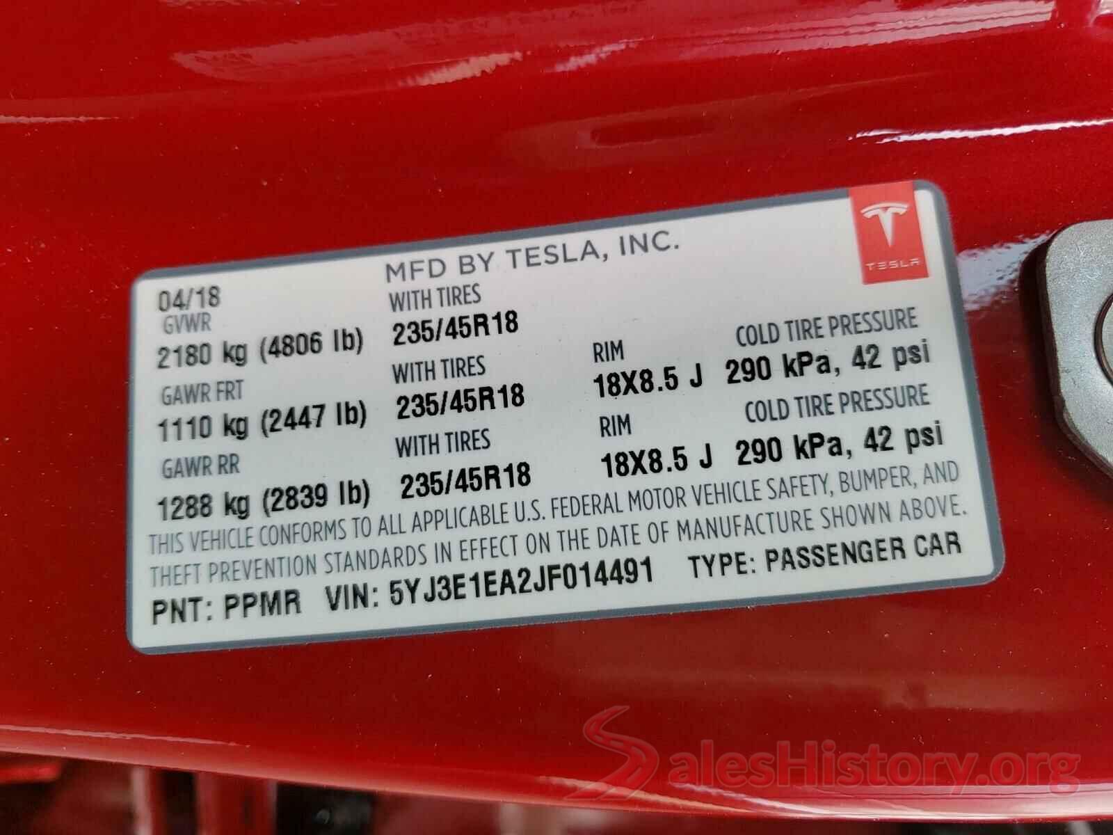 5YJ3E1EA2JF014491 2018 TESLA MODEL 3