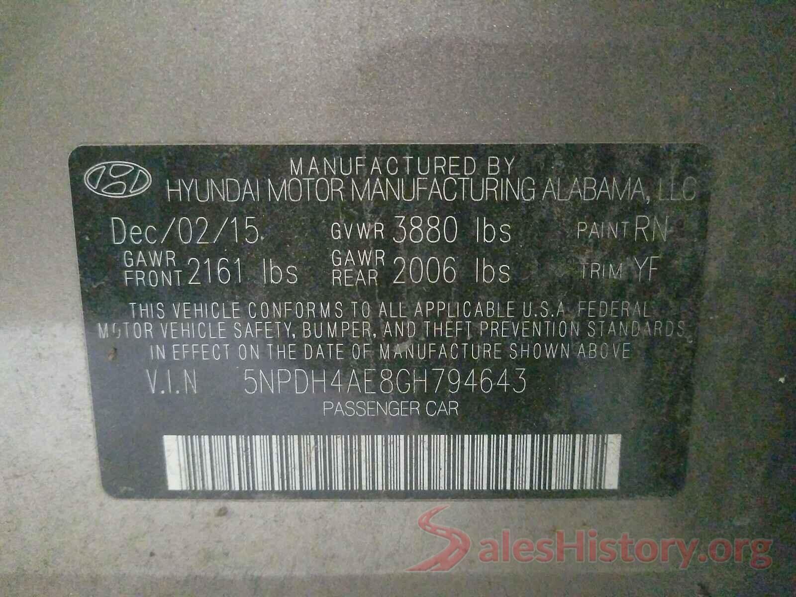 5NPDH4AE8GH794643 2016 HYUNDAI ELANTRA