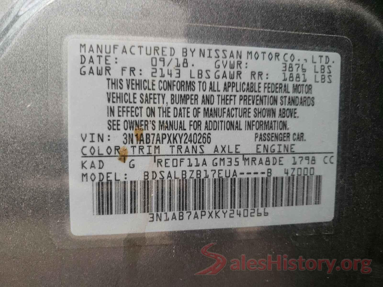 3N1AB7APXKY240266 2019 NISSAN SENTRA