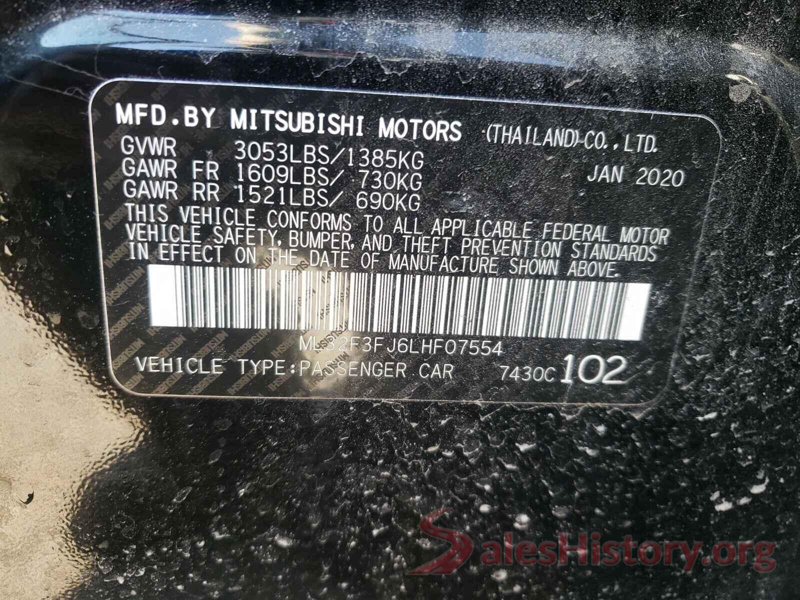 ML32F3FJ6LHF07554 2020 MITSUBISHI MIRAGE