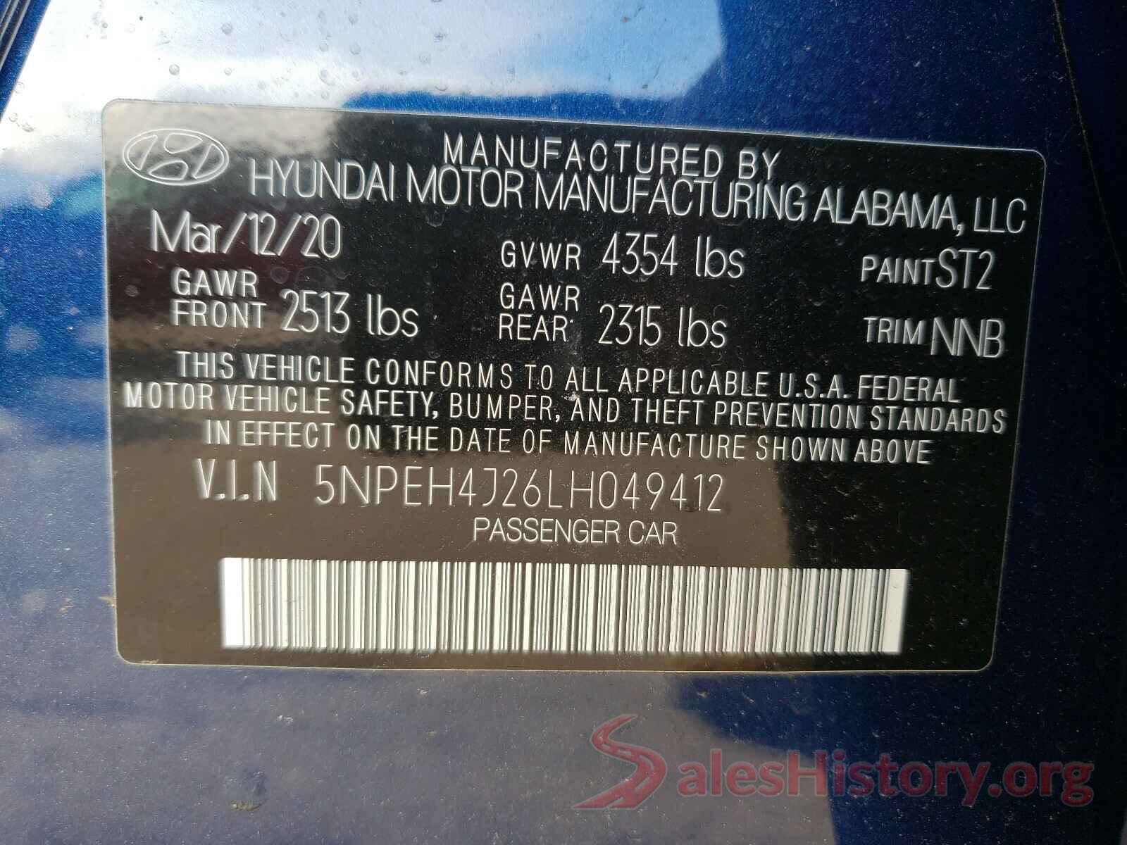 5NPEH4J26LH049412 2020 HYUNDAI SONATA