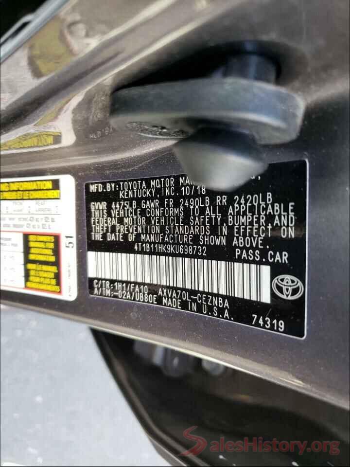 4T1B11HK9KU698732 2019 TOYOTA CAMRY