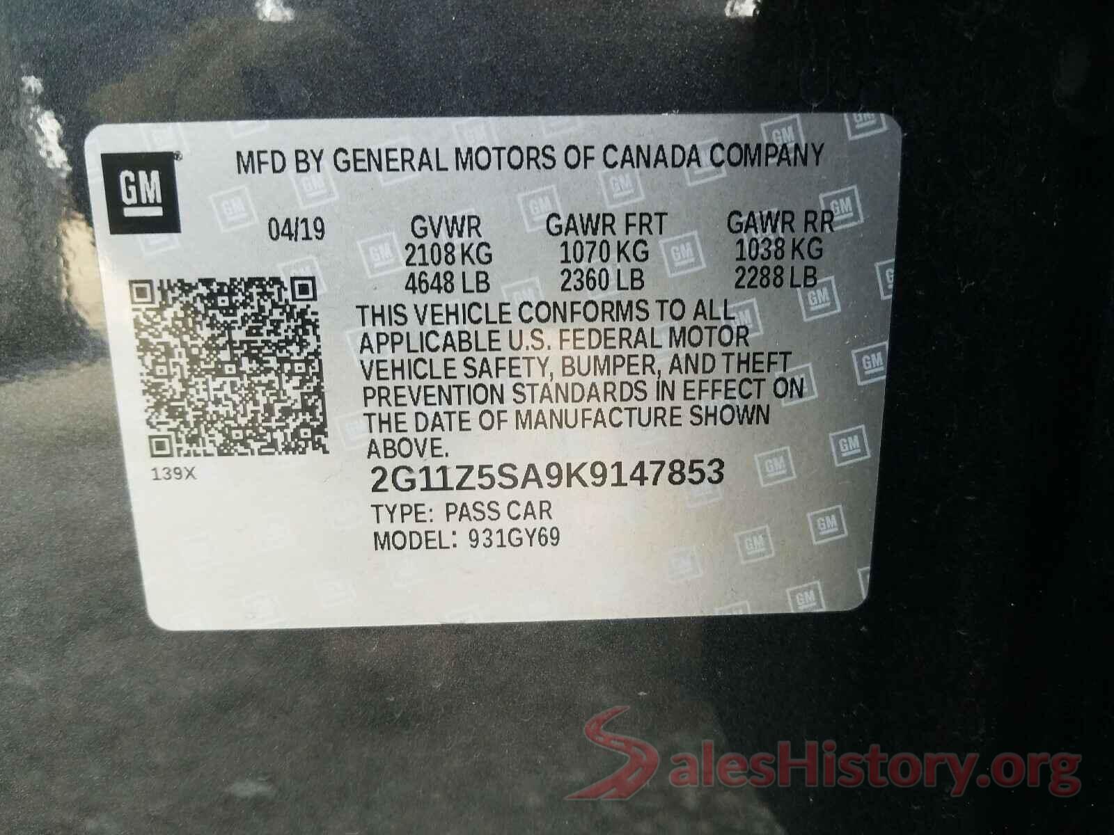 2G11Z5SA9K9147853 2019 CHEVROLET IMPALA