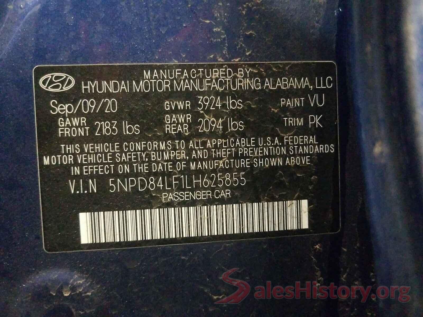 5NPD84LF1LH625855 2020 HYUNDAI ELANTRA