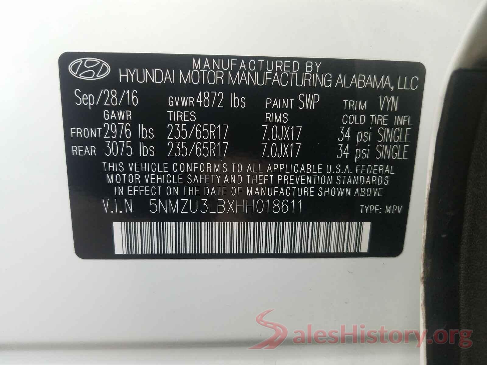 5NMZU3LBXHH018611 2017 HYUNDAI SANTA FE