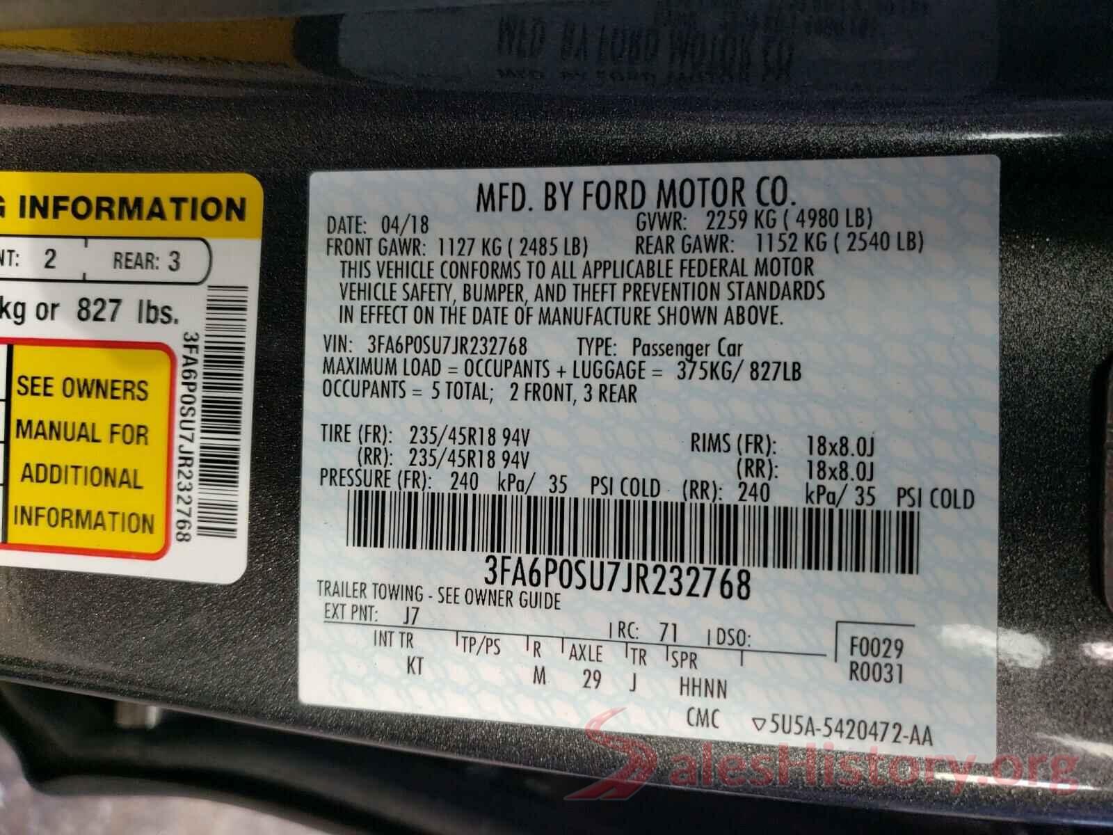 3FA6P0SU7JR232768 2018 FORD FUSION