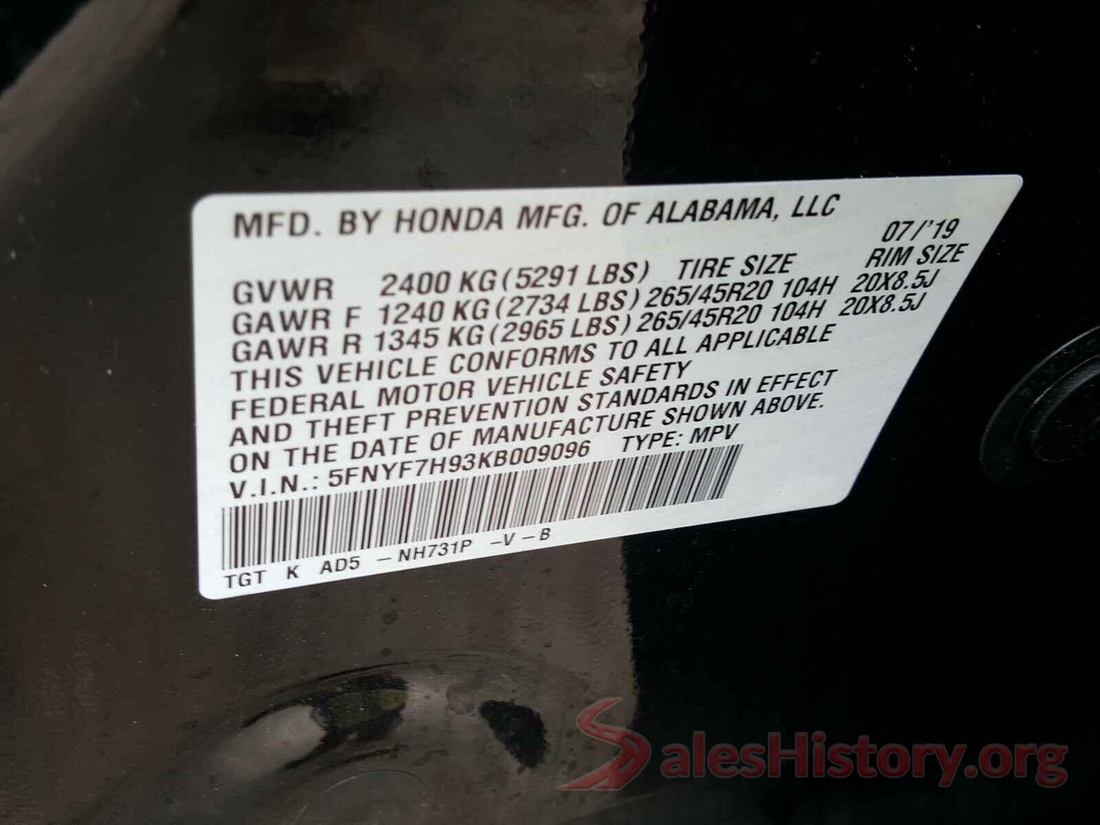 5FNYF7H93KB009096 2019 HONDA PASSPORT