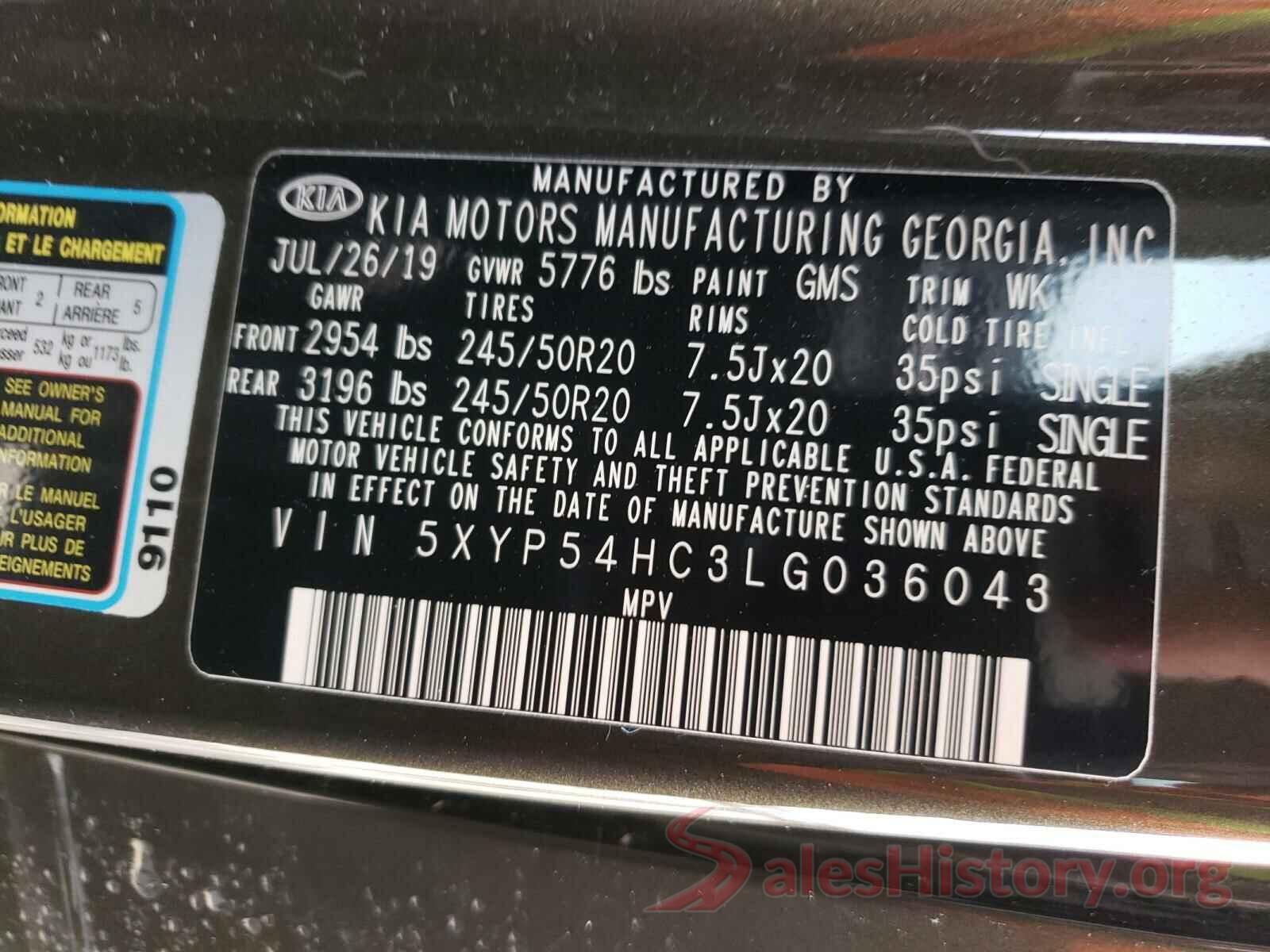 5XYP54HC3LG036043 2020 KIA TELLURIDE