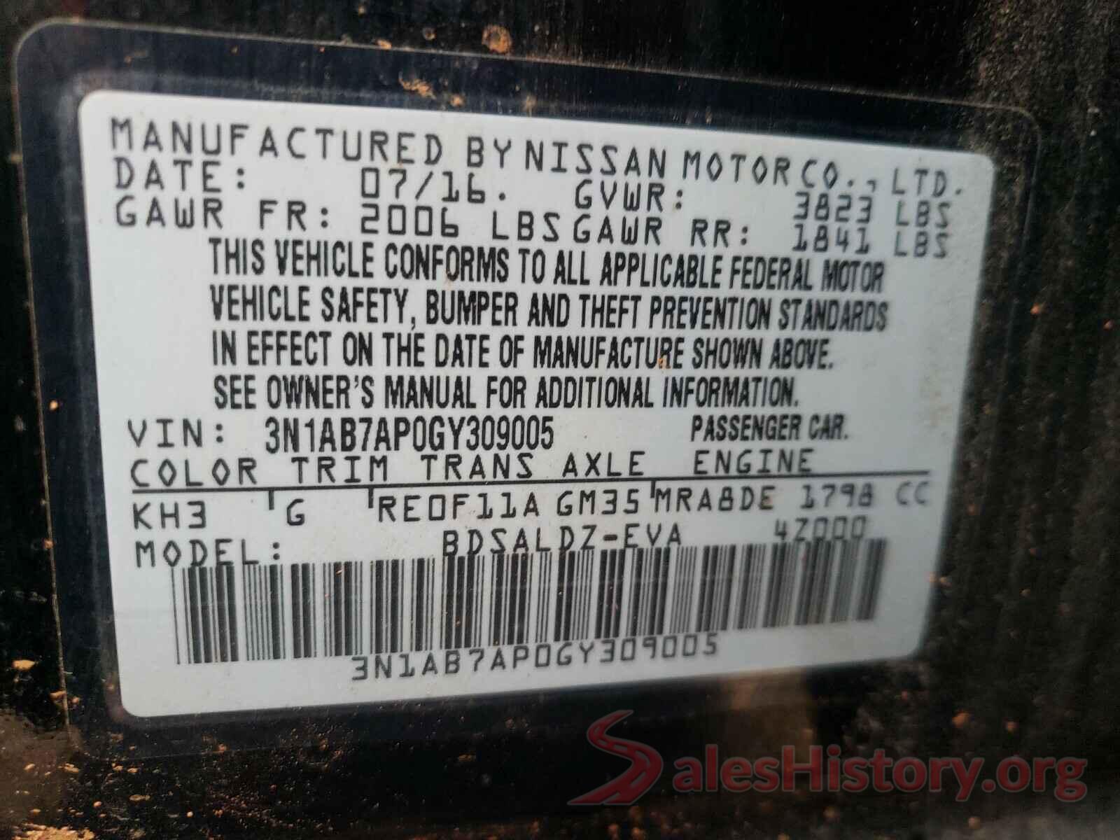 3N1AB7AP0GY309005 2016 NISSAN SENTRA