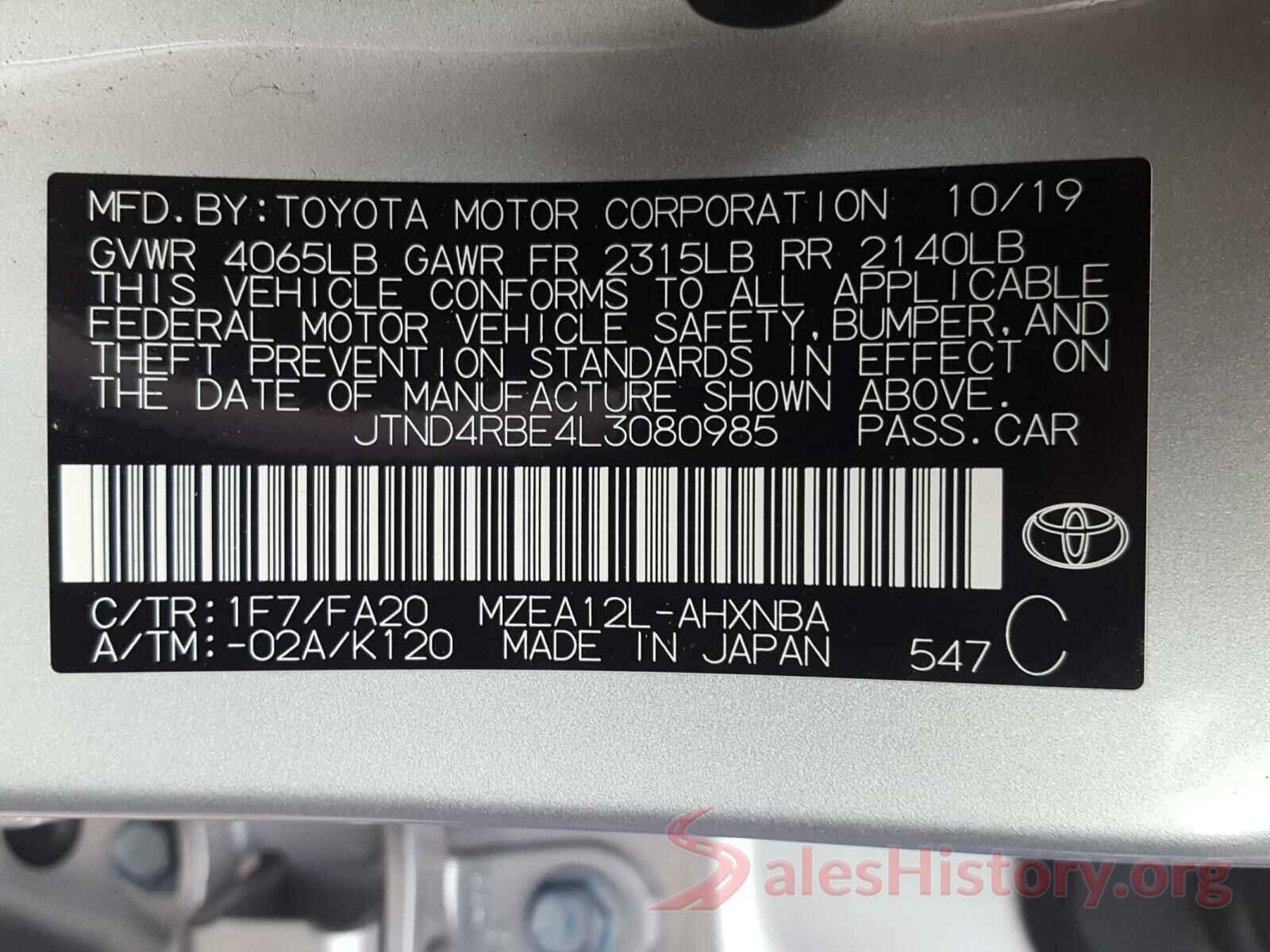 JTND4RBE4L3080985 2020 TOYOTA COROLLA