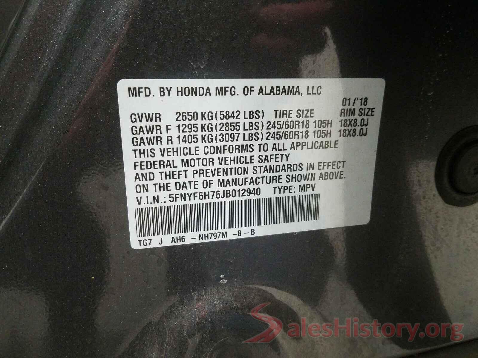 5FNYF6H76JB012940 2018 HONDA PILOT