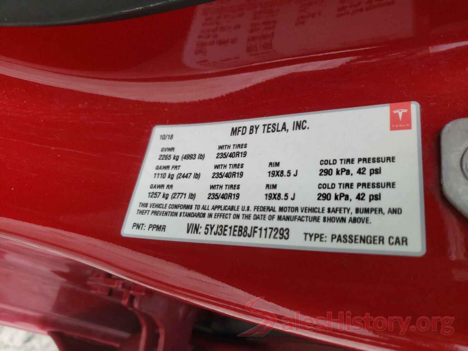 5YJ3E1EB8JF117293 2018 TESLA MODEL 3