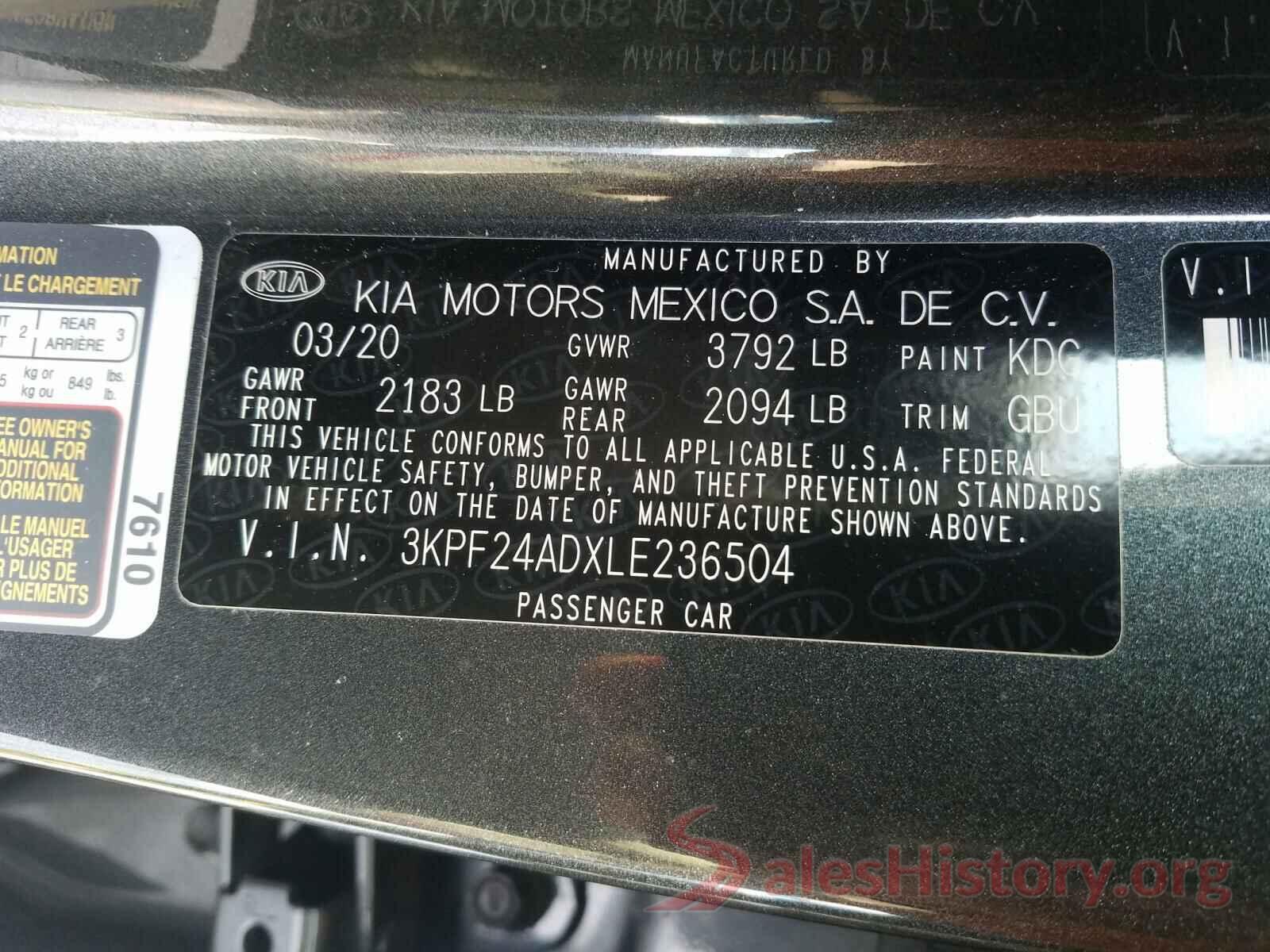 3KPF24ADXLE236504 2020 KIA FORTE