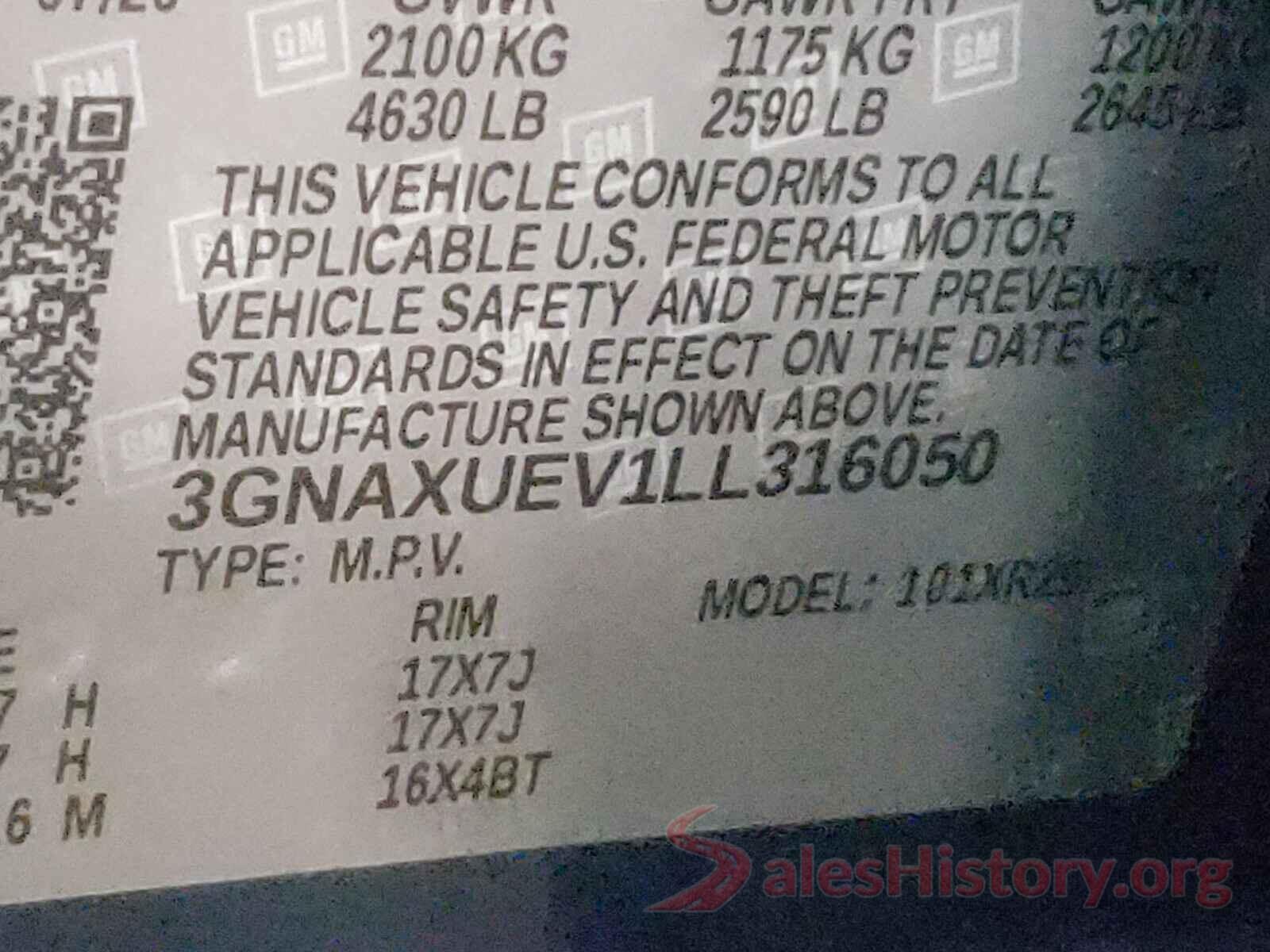 3GNAXUEV1LL316050 2020 CHEVROLET EQUINOX