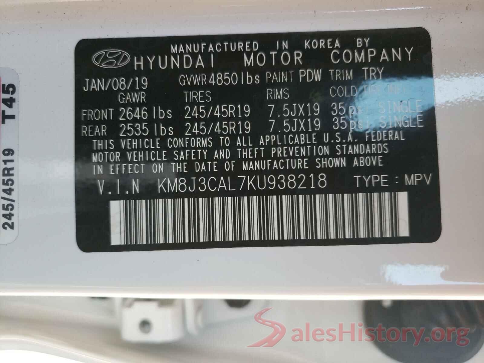 KM8J3CAL7KU938218 2019 HYUNDAI TUCSON