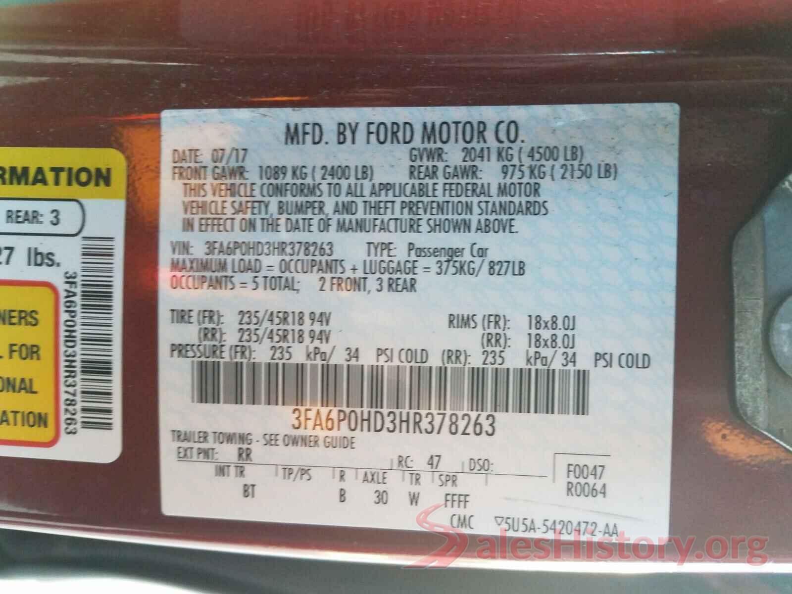 3FA6P0HD3HR378263 2017 FORD FUSION