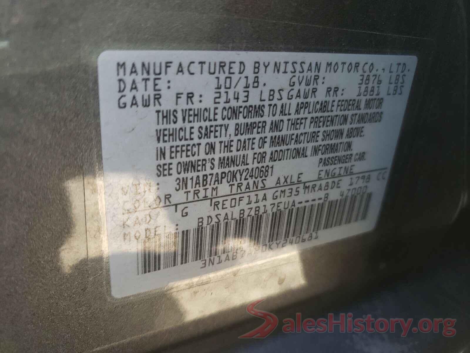 3N1AB7AP0KY240681 2019 NISSAN SENTRA