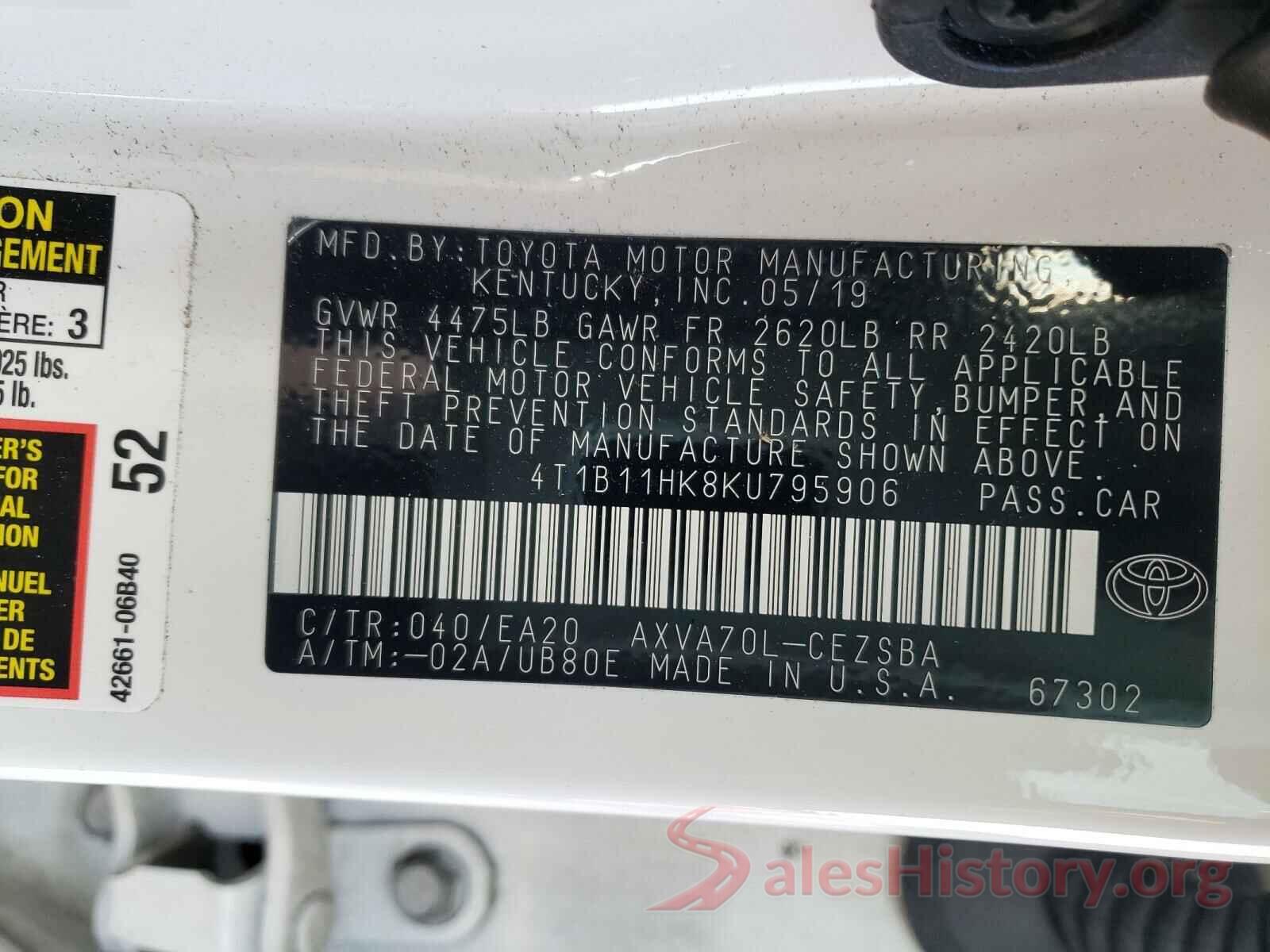 4T1B11HK8KU795906 2019 TOYOTA CAMRY