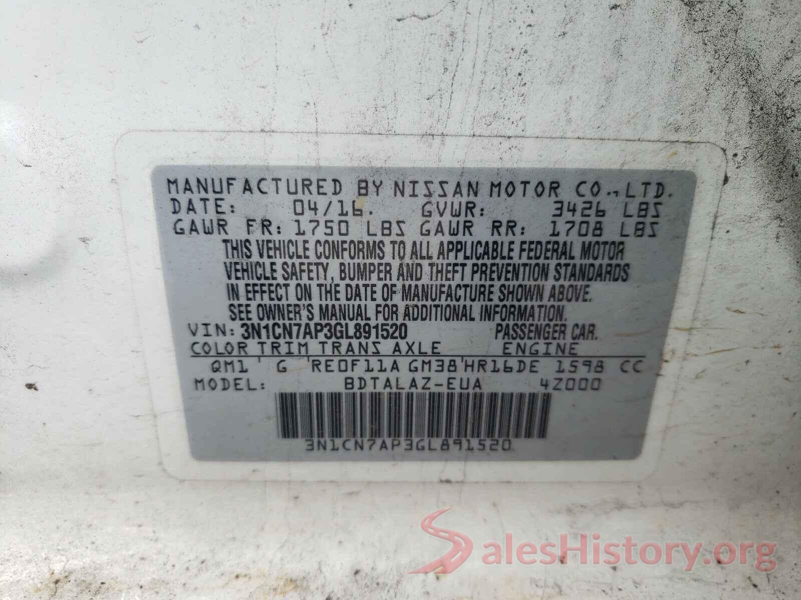 3N1CN7AP3GL891520 2016 NISSAN VERSA