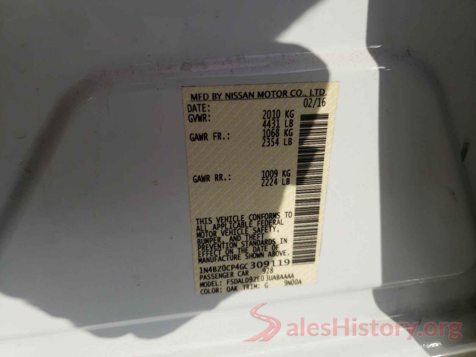 1N4BZ0CP4GC309119 2016 NISSAN LEAF