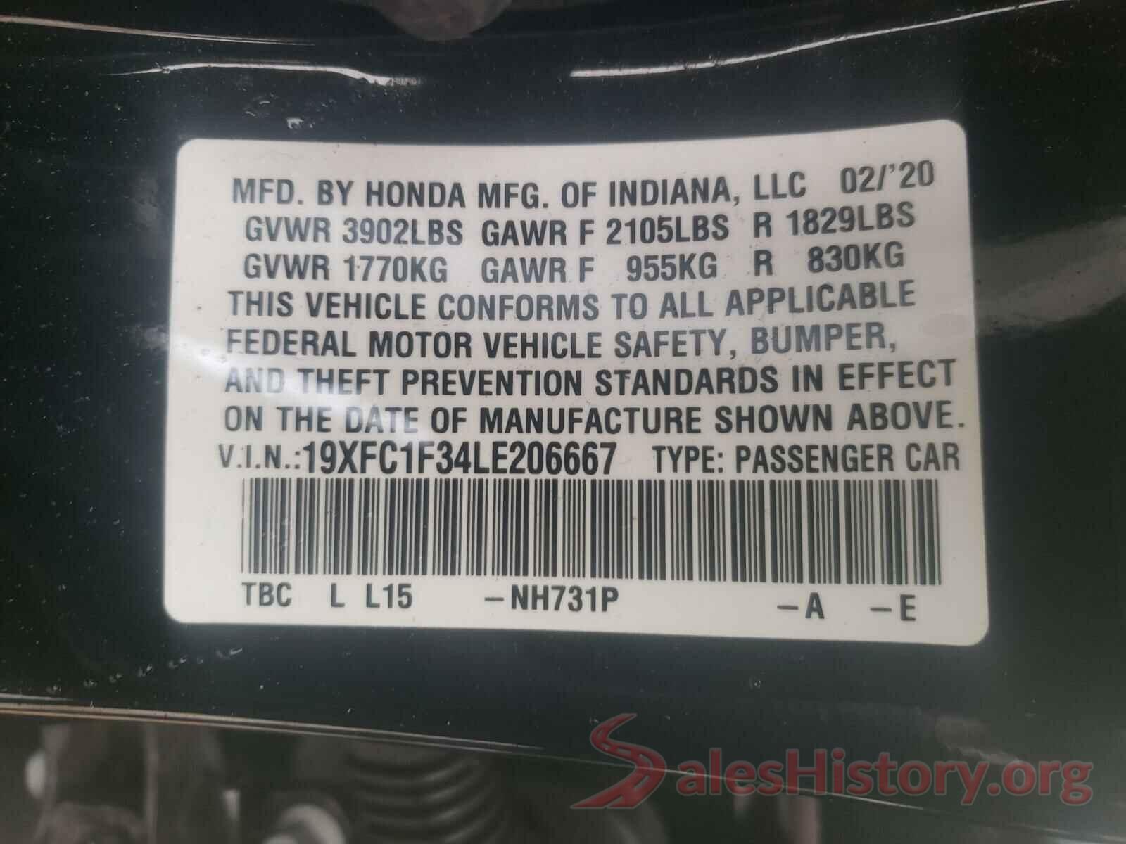 19XFC1F34LE206667 2020 HONDA CIVIC