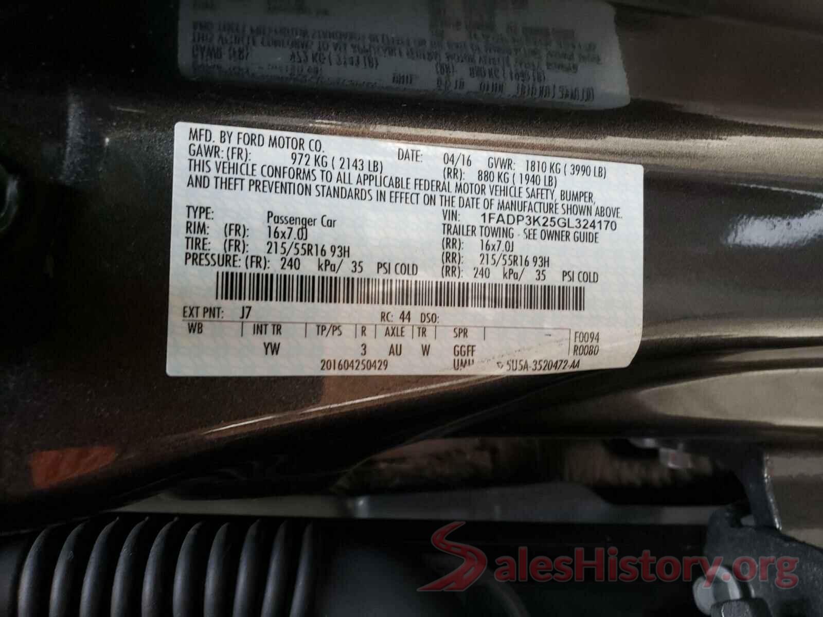 1FADP3K25GL324170 2016 FORD FOCUS