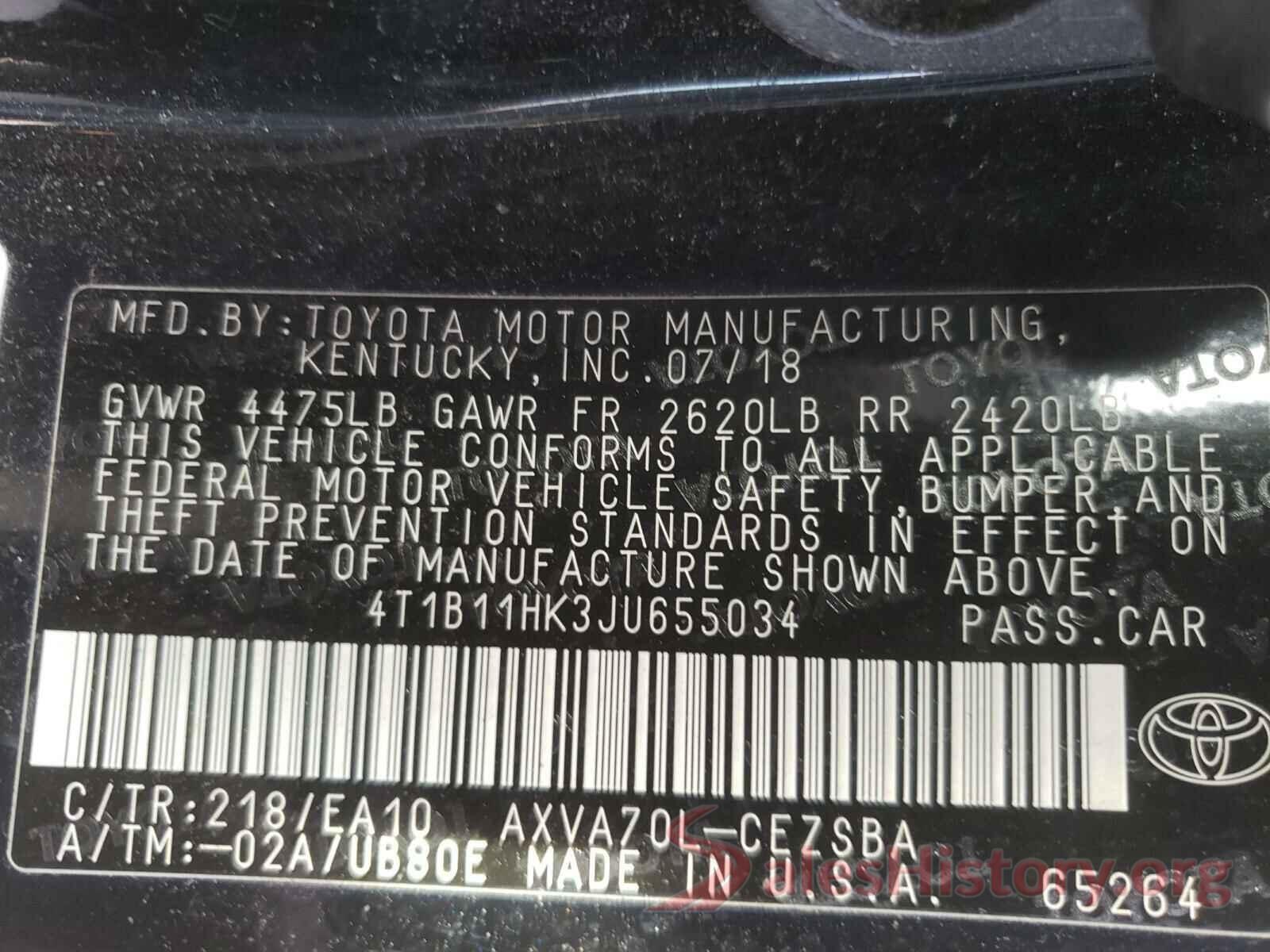 4T1B11HK3JU655034 2018 TOYOTA CAMRY