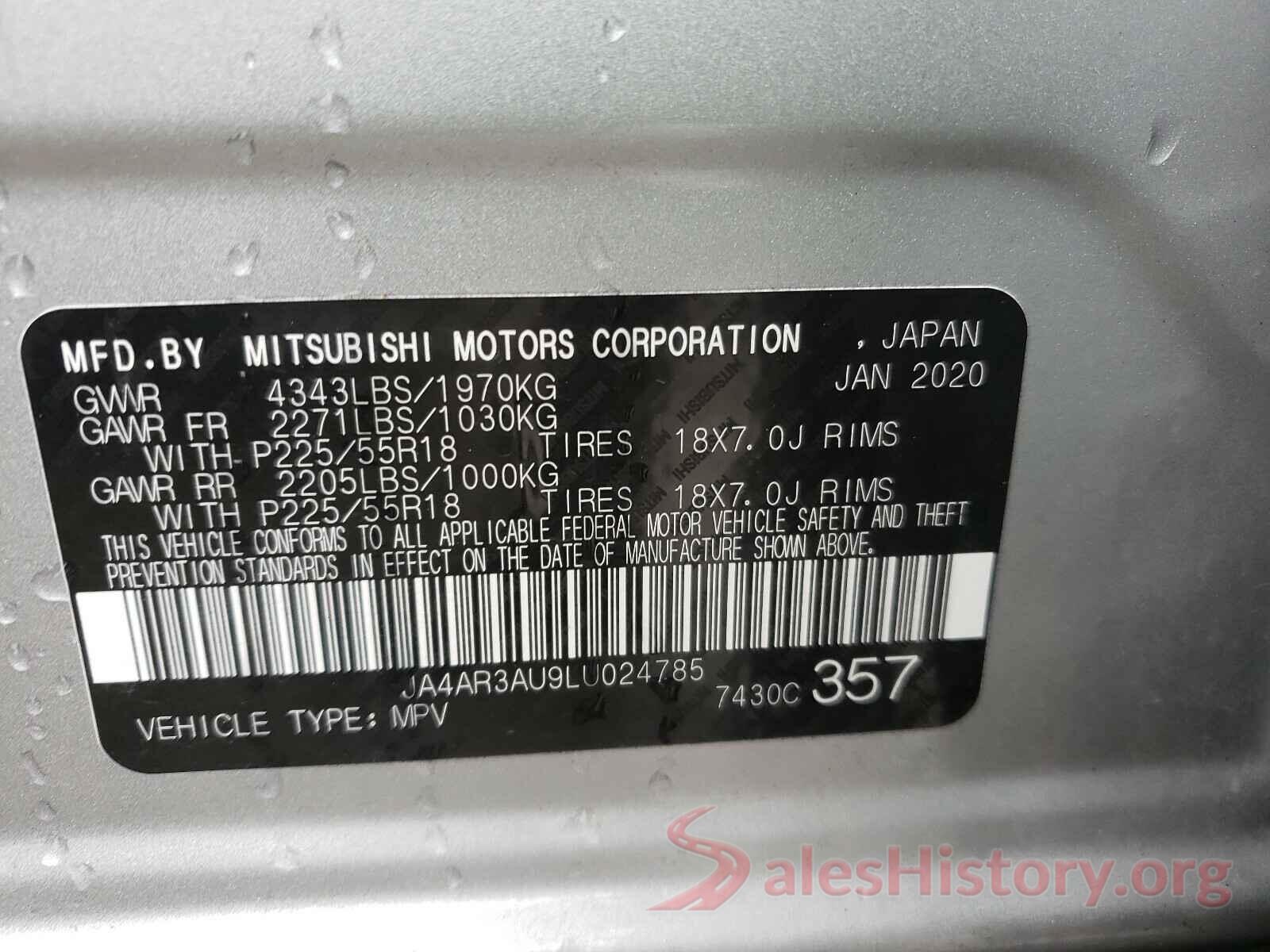 JA4AR3AU9LU024785 2020 MITSUBISHI OUTLANDER