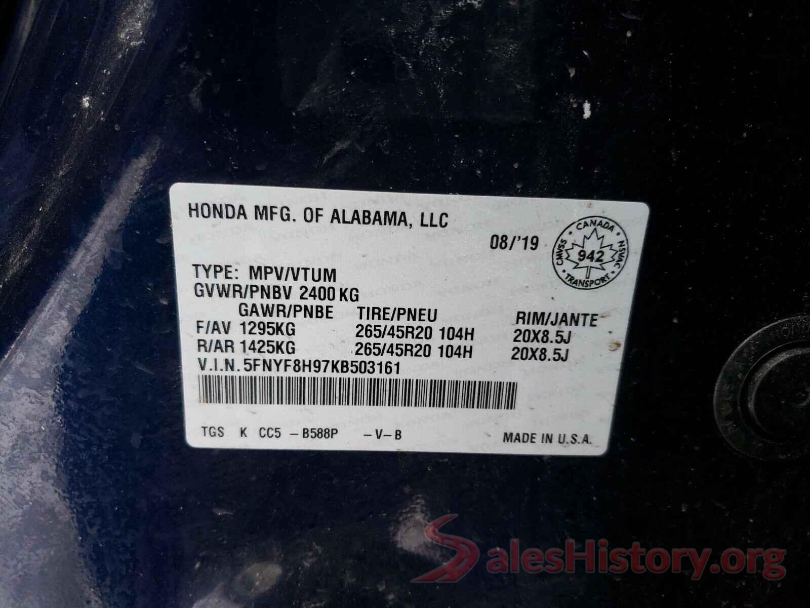 5FNYF8H97KB503161 2019 HONDA PASSPORT