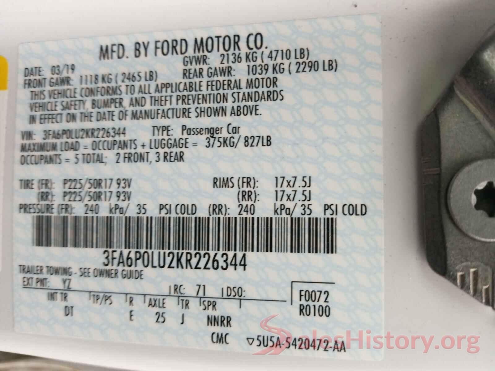 3FA6P0LU2KR226344 2019 FORD FUSION