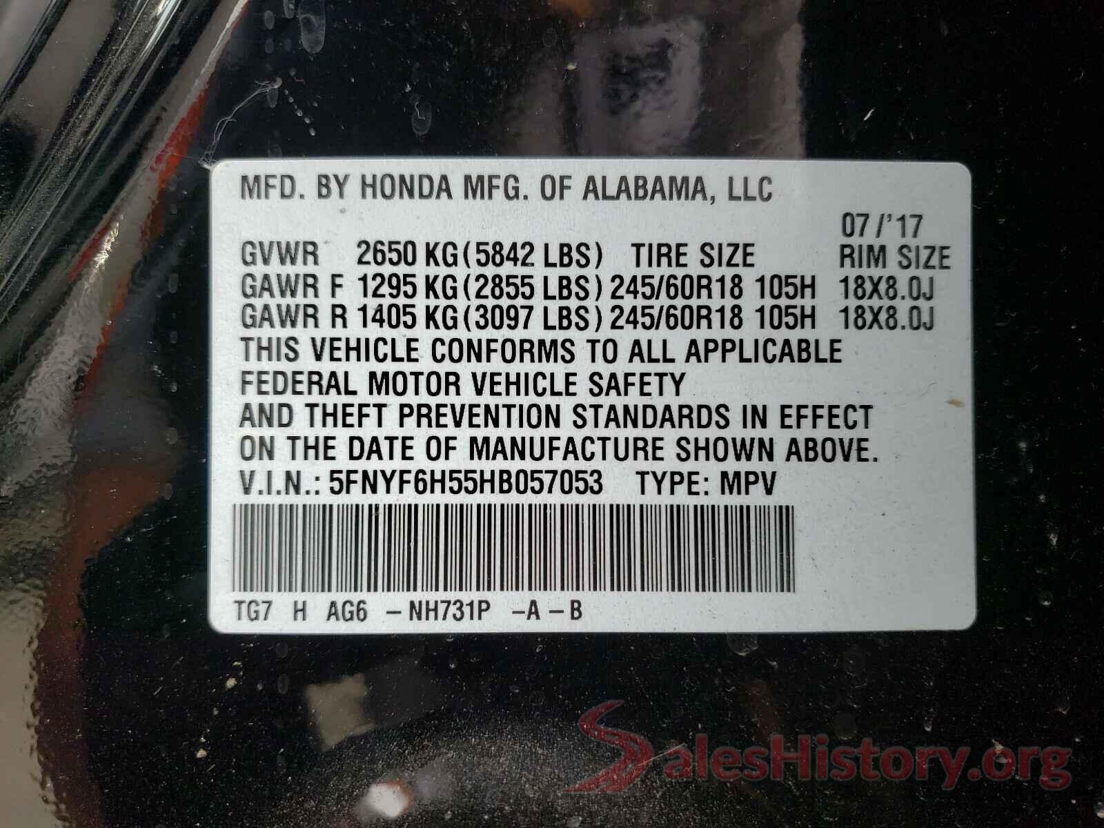 5FNYF6H55HB057053 2017 HONDA PILOT