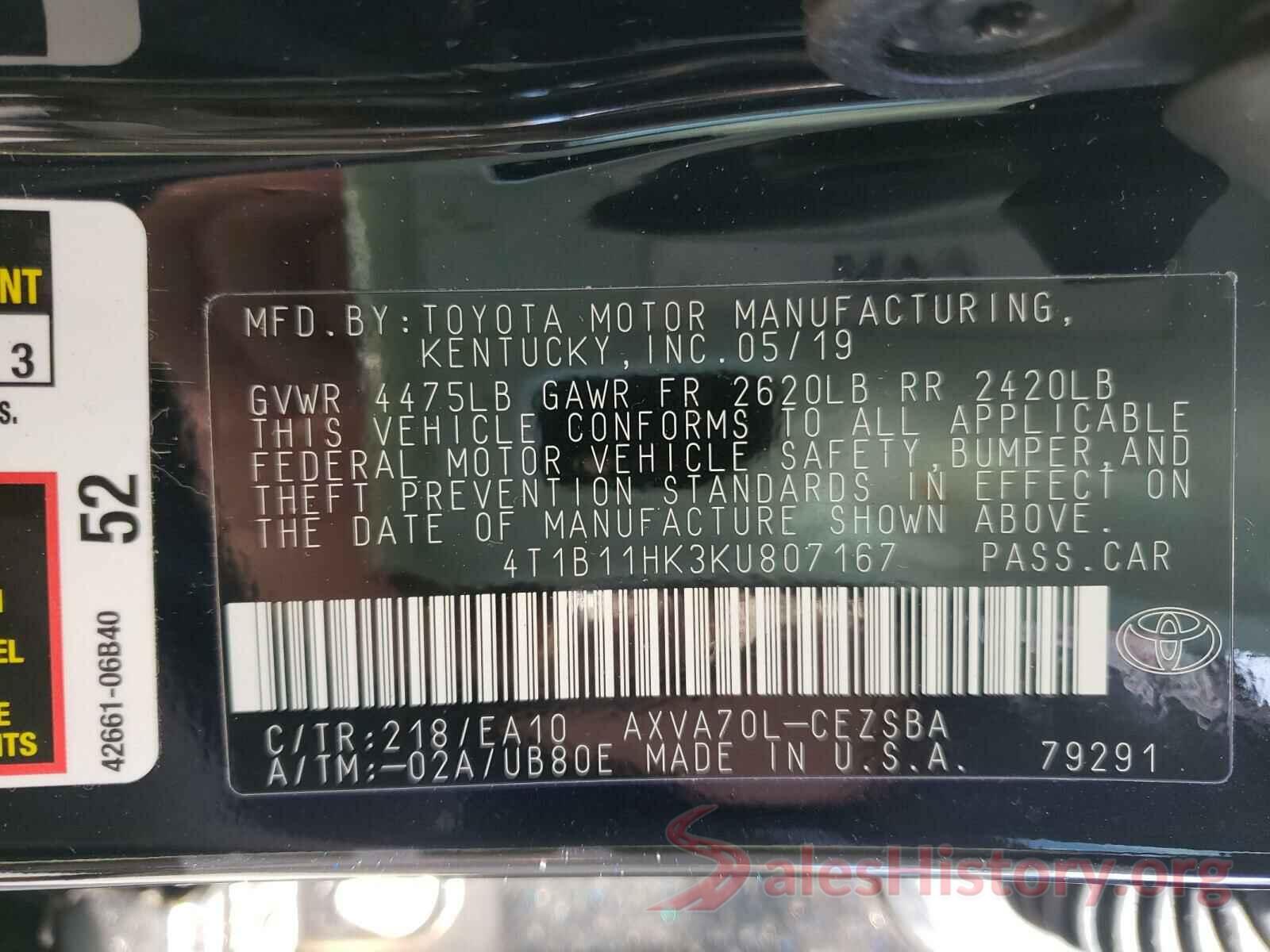 4T1B11HK3KU807167 2019 TOYOTA CAMRY