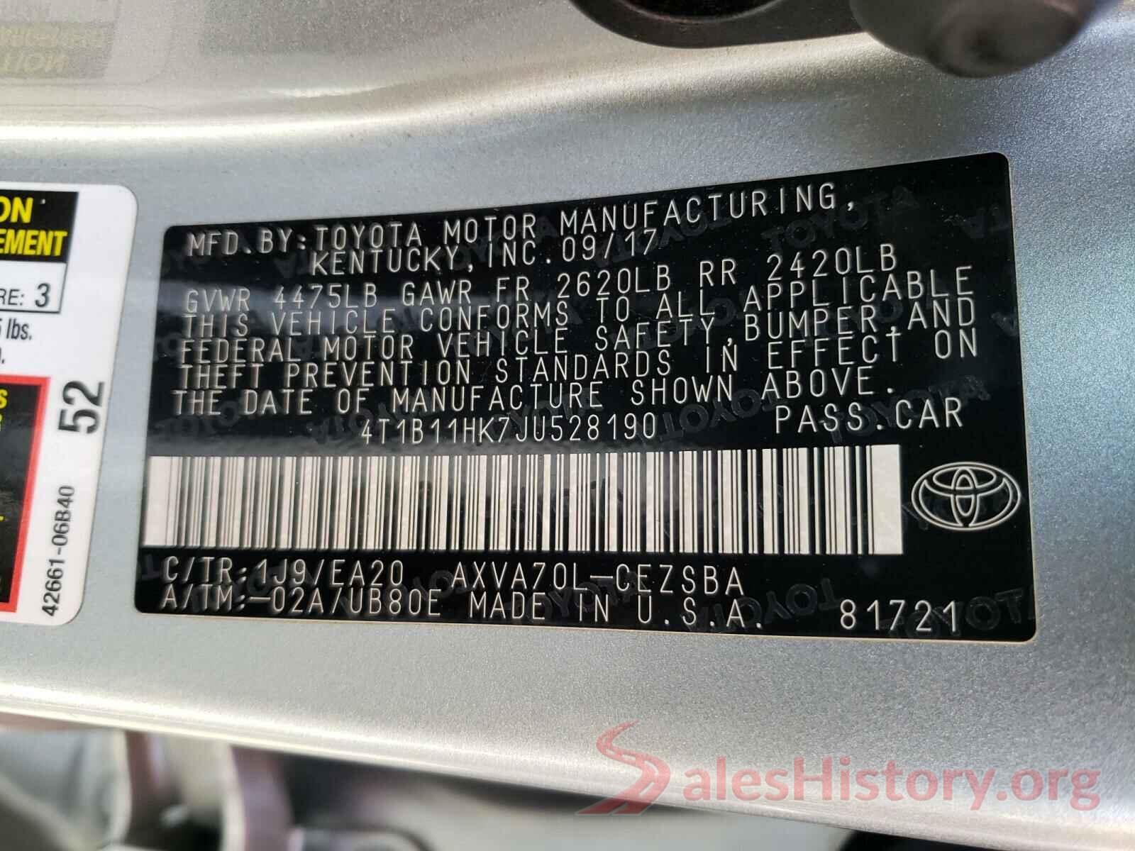 4T1B11HK7JU528190 2018 TOYOTA CAMRY