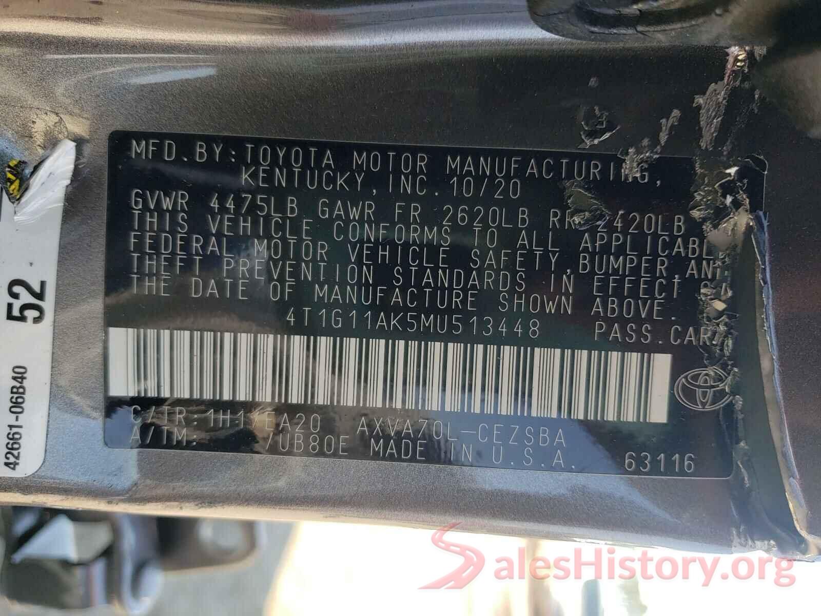 4T1G11AK5MU513448 2021 TOYOTA CAMRY