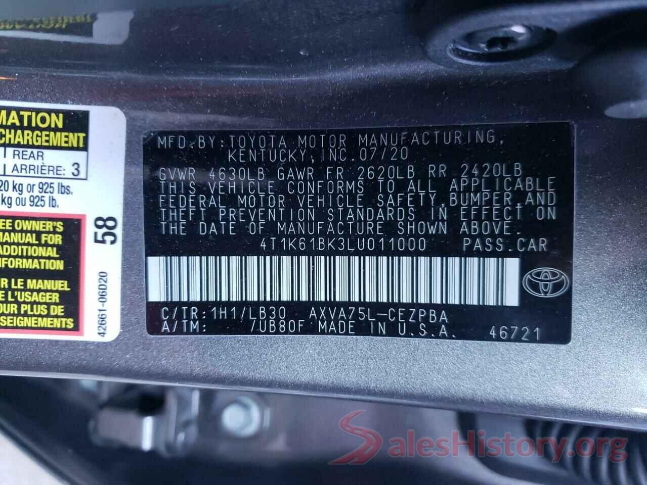 4T1K61BK3LU011000 2020 TOYOTA CAMRY