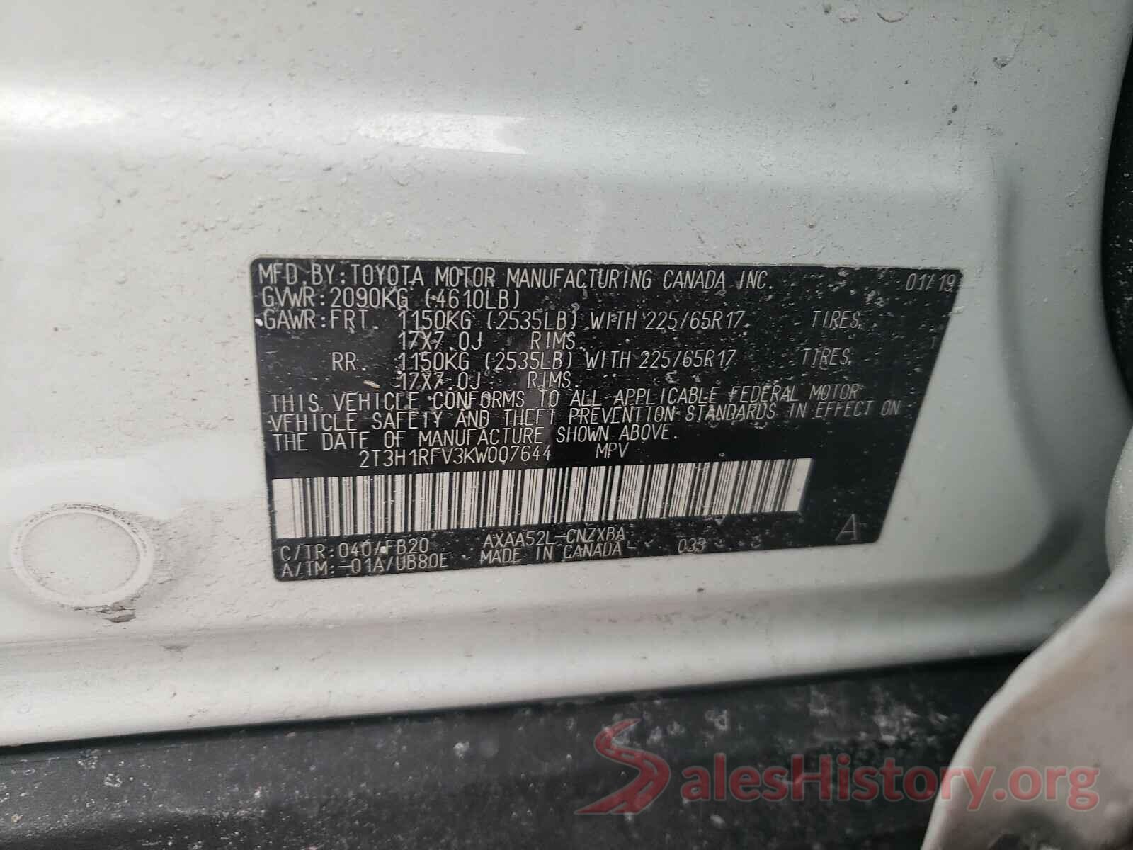 2T3H1RFV3KW007644 2019 TOYOTA RAV4