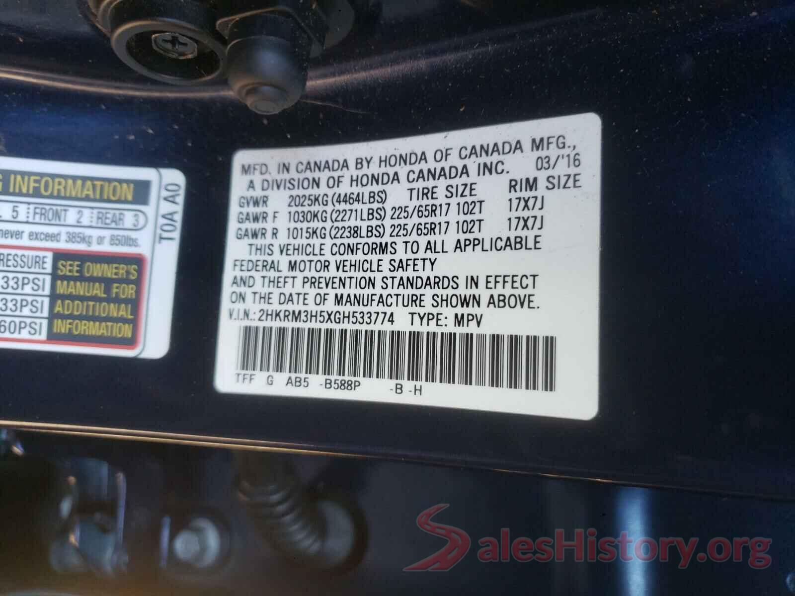 2HKRM3H5XGH533774 2016 HONDA CRV