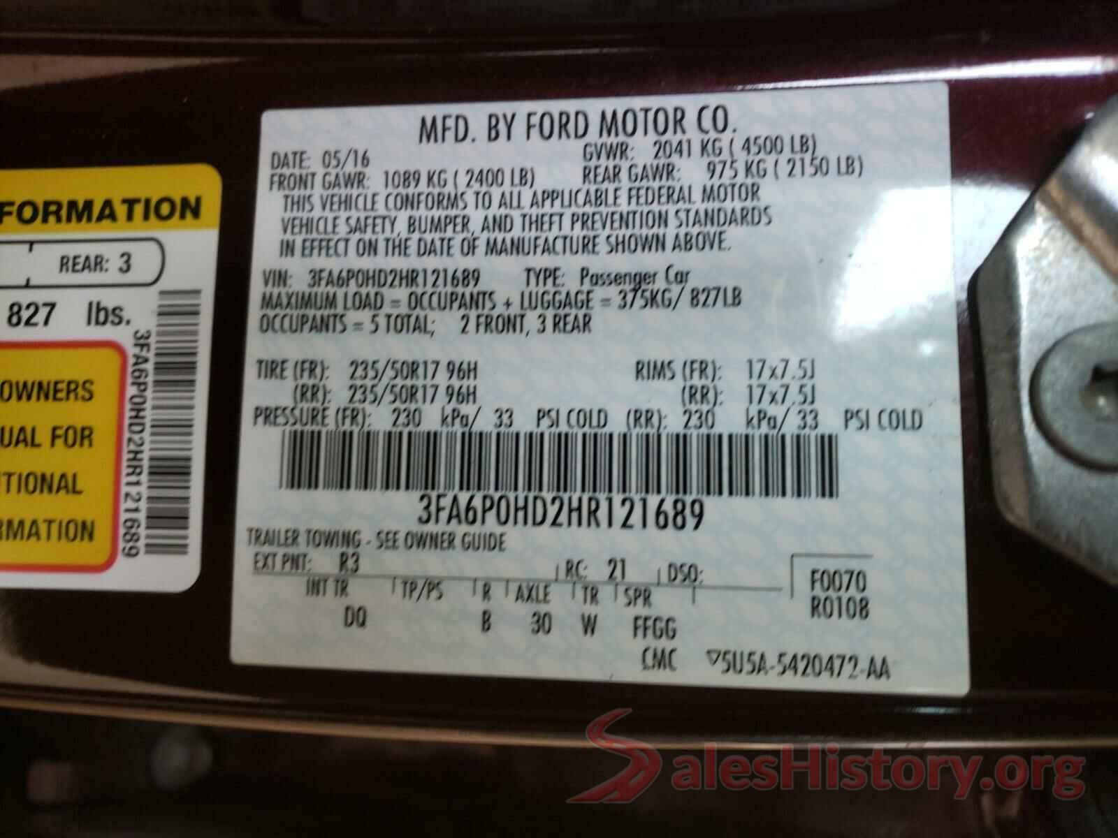 3FA6P0HD2HR121689 2017 FORD FUSION