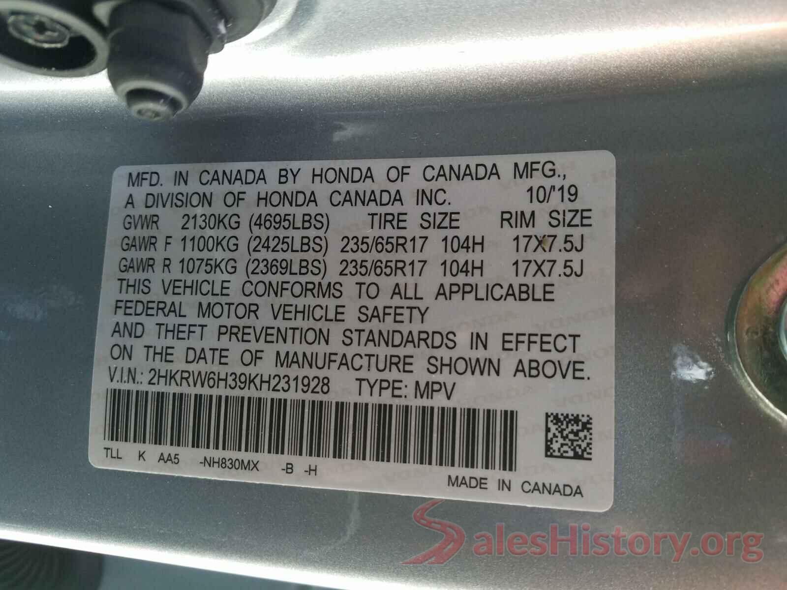 2HKRW6H39KH231928 2019 HONDA CRV