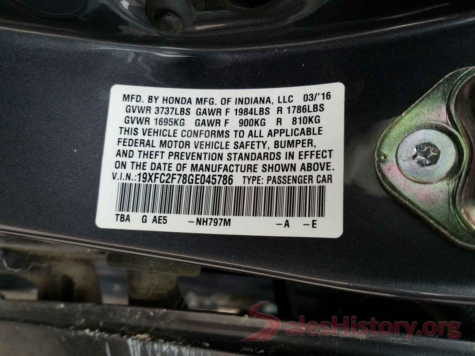 19XFC2F78GE045786 2016 HONDA CIVIC