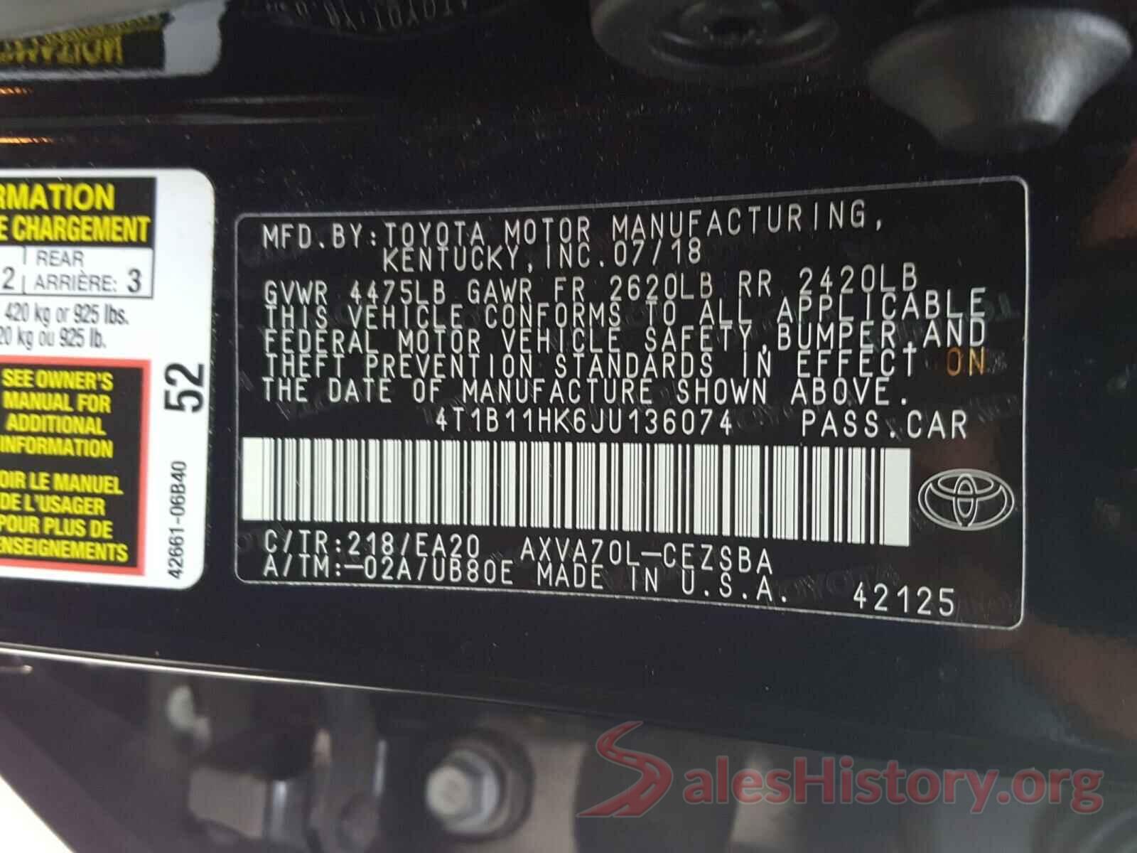 4T1B11HK6JU136074 2018 TOYOTA CAMRY