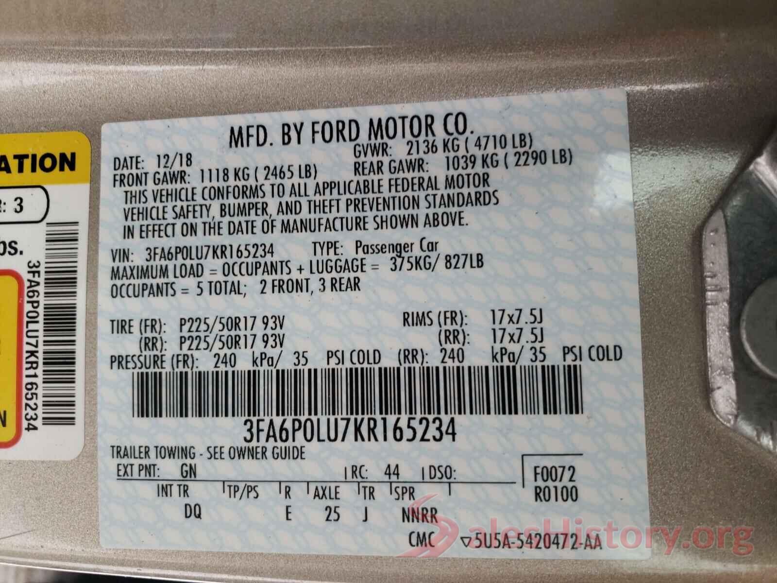 3FA6P0LU7KR165234 2019 FORD FUSION