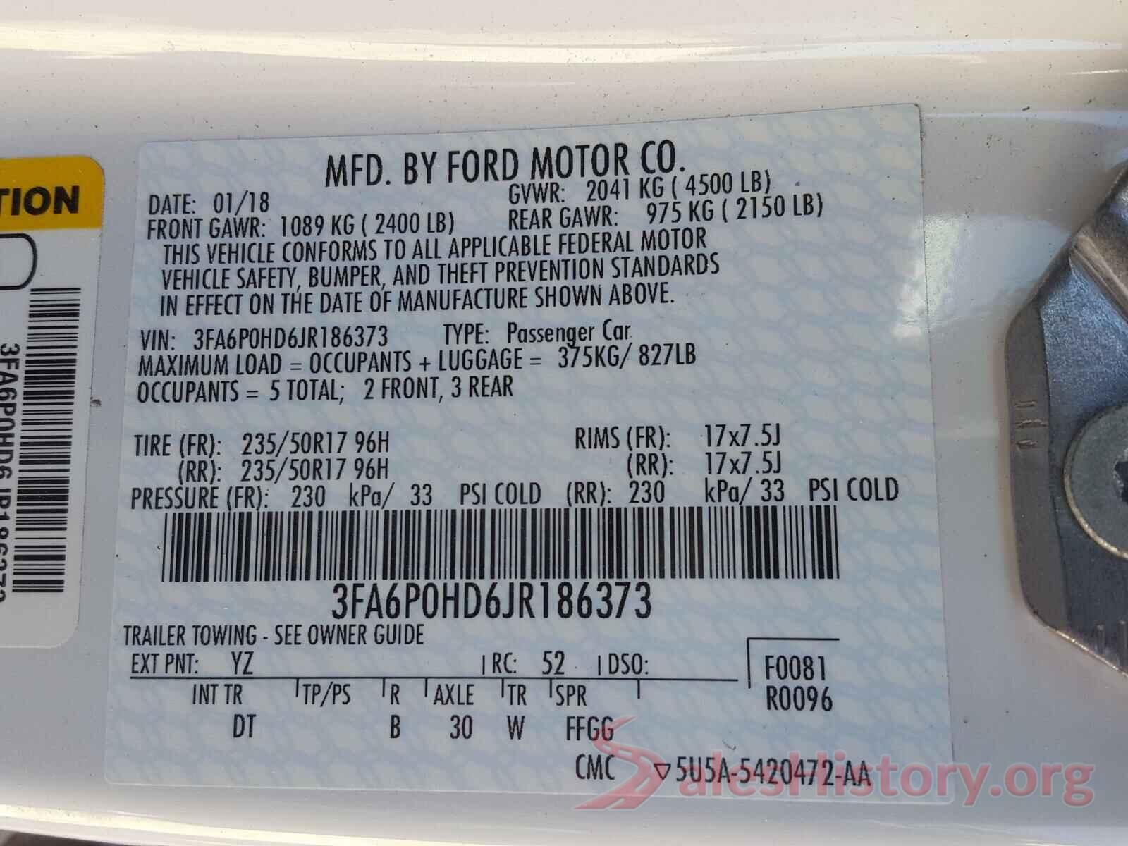 3FA6P0HD6JR186373 2018 FORD FUSION