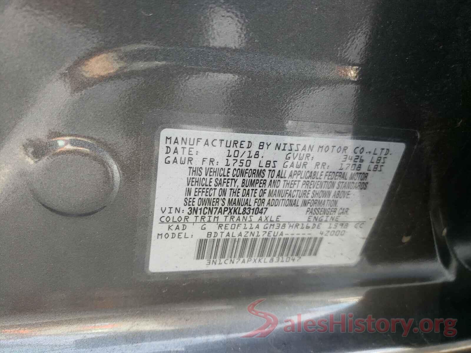 3N1CN7APXKL831047 2019 NISSAN VERSA