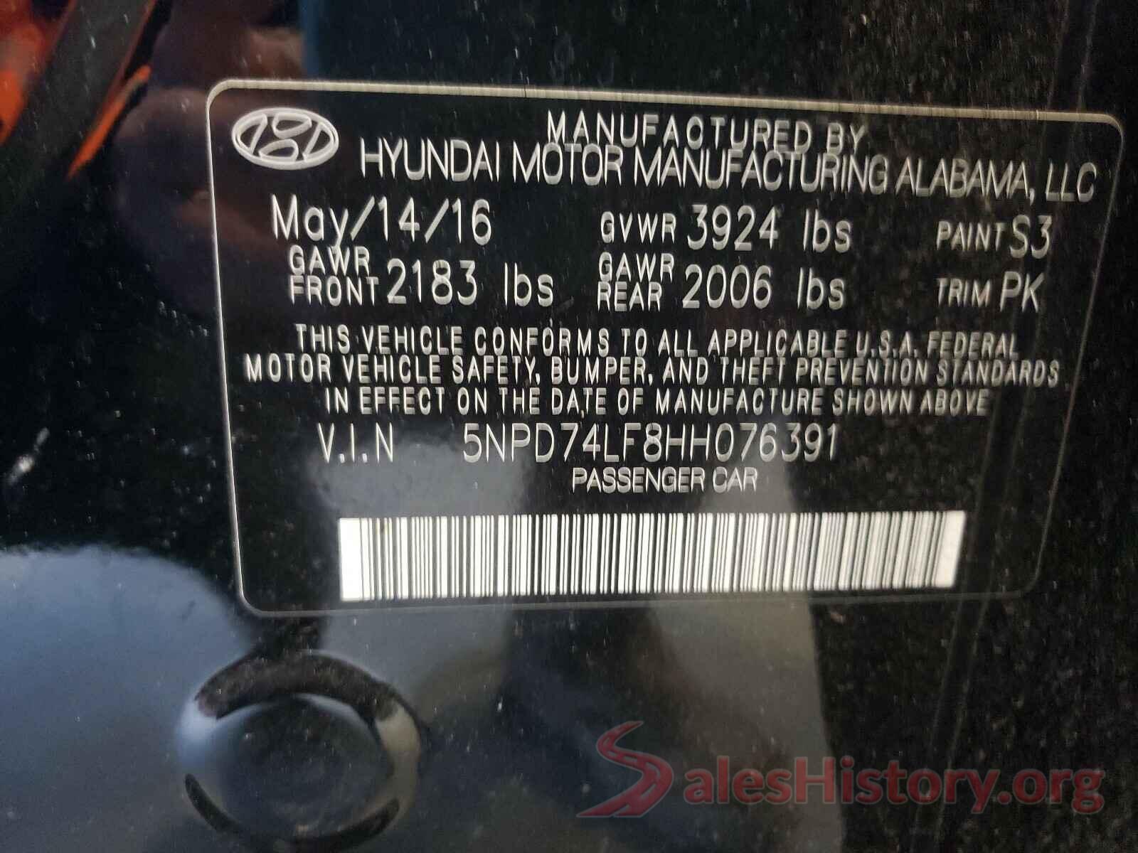 5NPD74LF8HH076391 2017 HYUNDAI ELANTRA