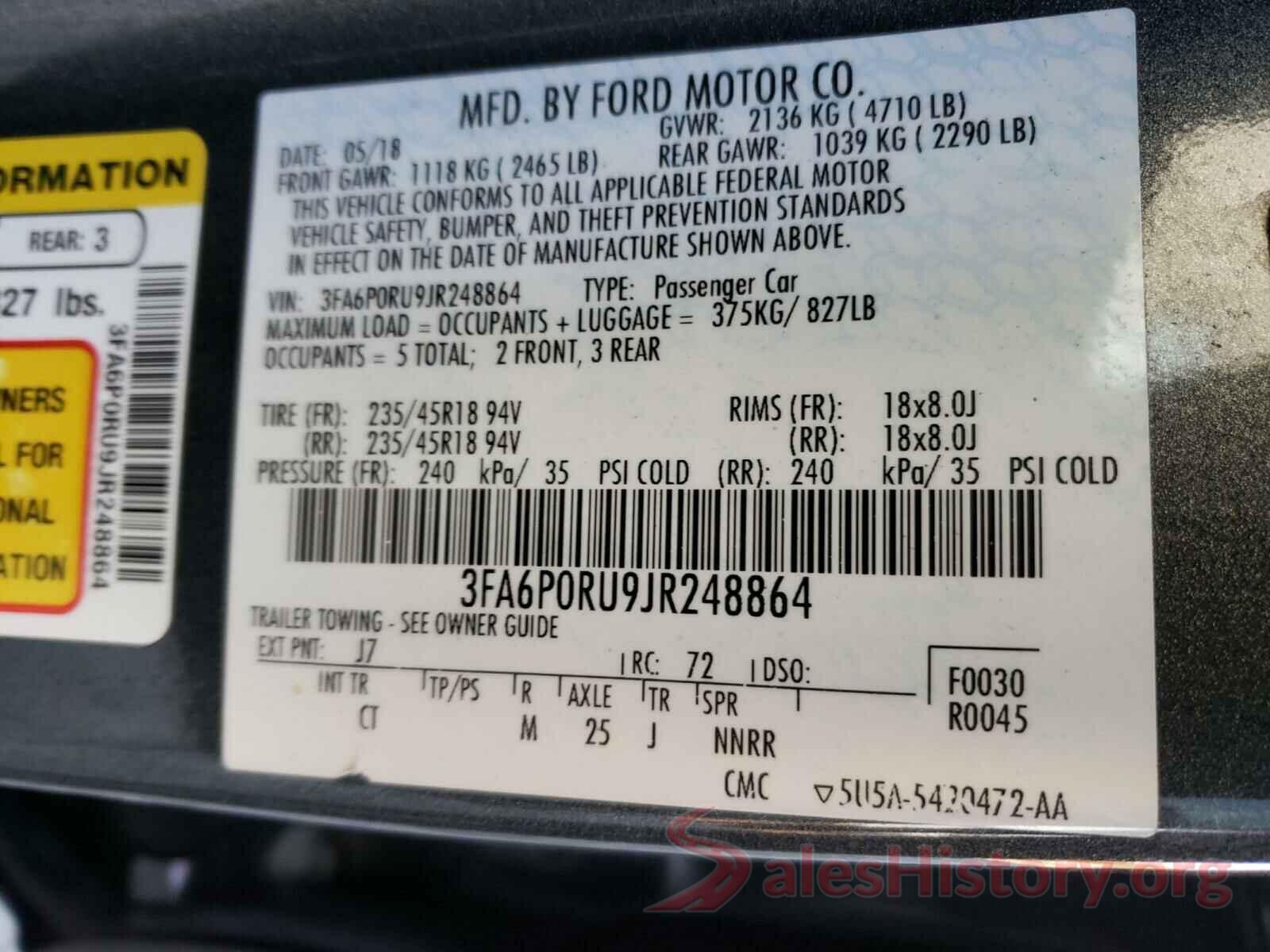 3FA6P0RU9JR248864 2018 FORD FUSION