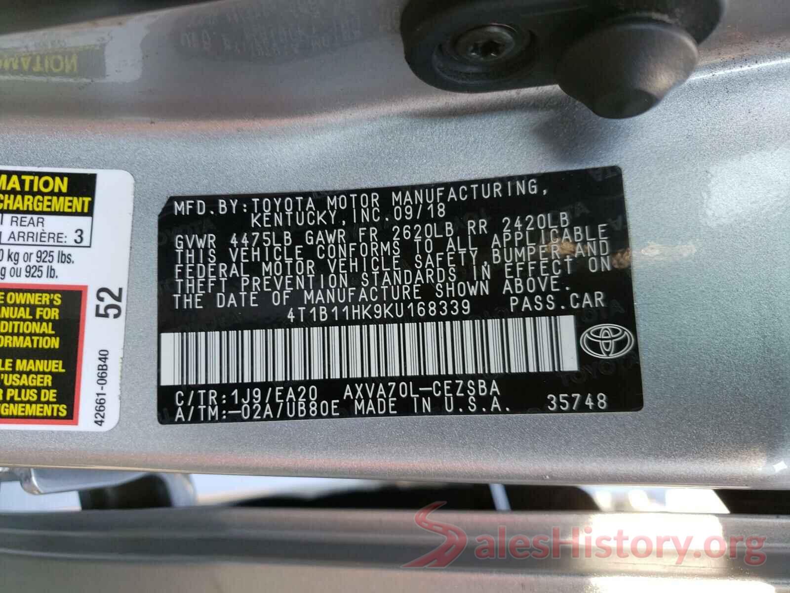 4T1B11HK9KU168339 2019 TOYOTA CAMRY