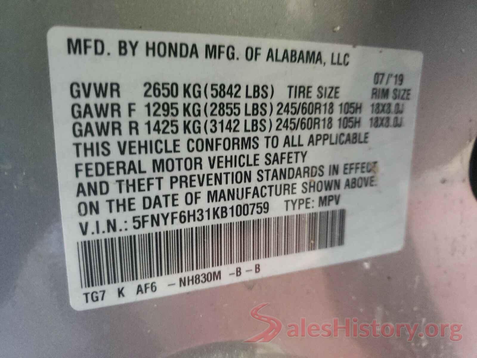 5FNYF6H31KB100759 2019 HONDA PILOT