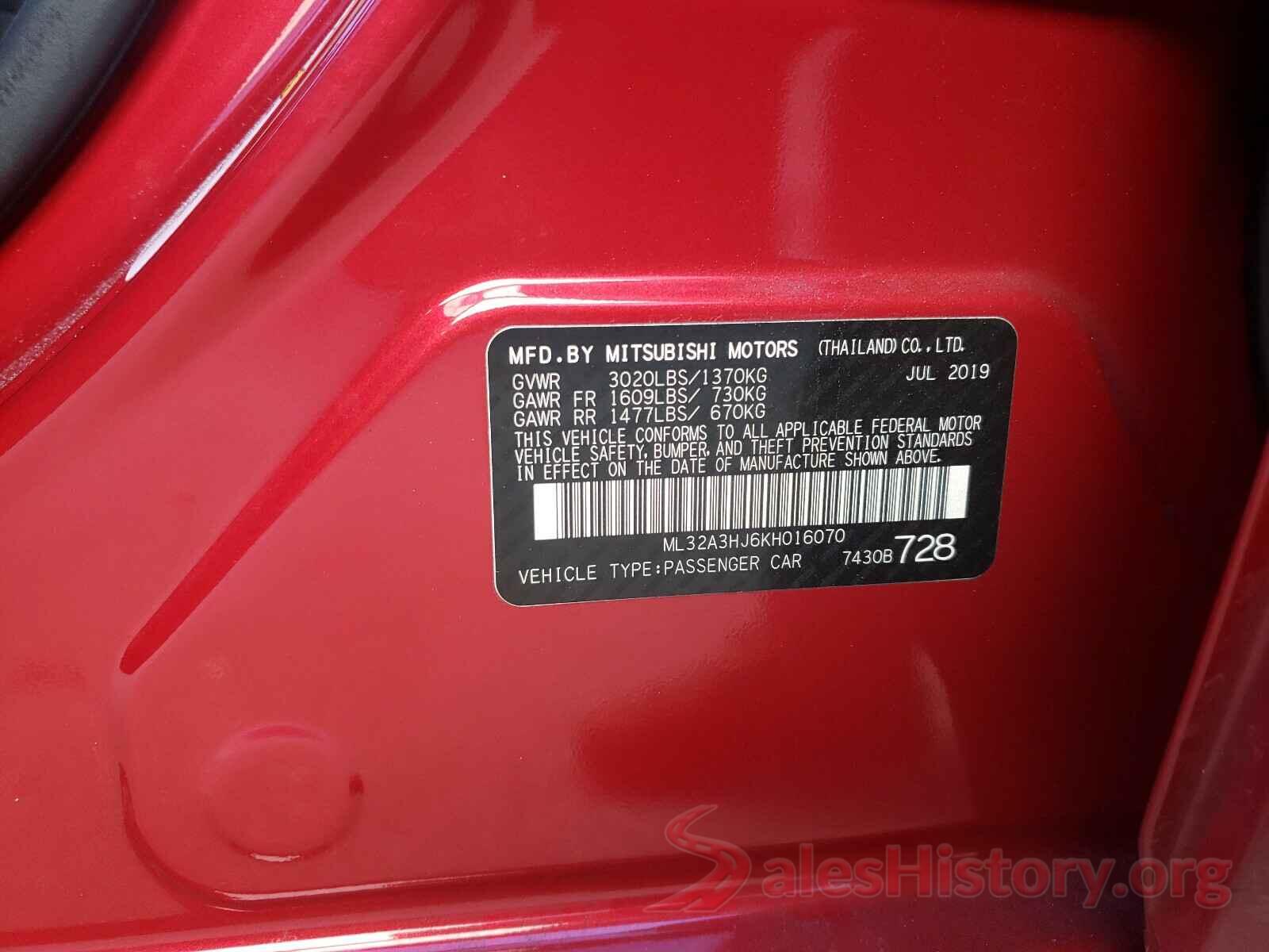 ML32A3HJ6KH016070 2019 MITSUBISHI MIRAGE