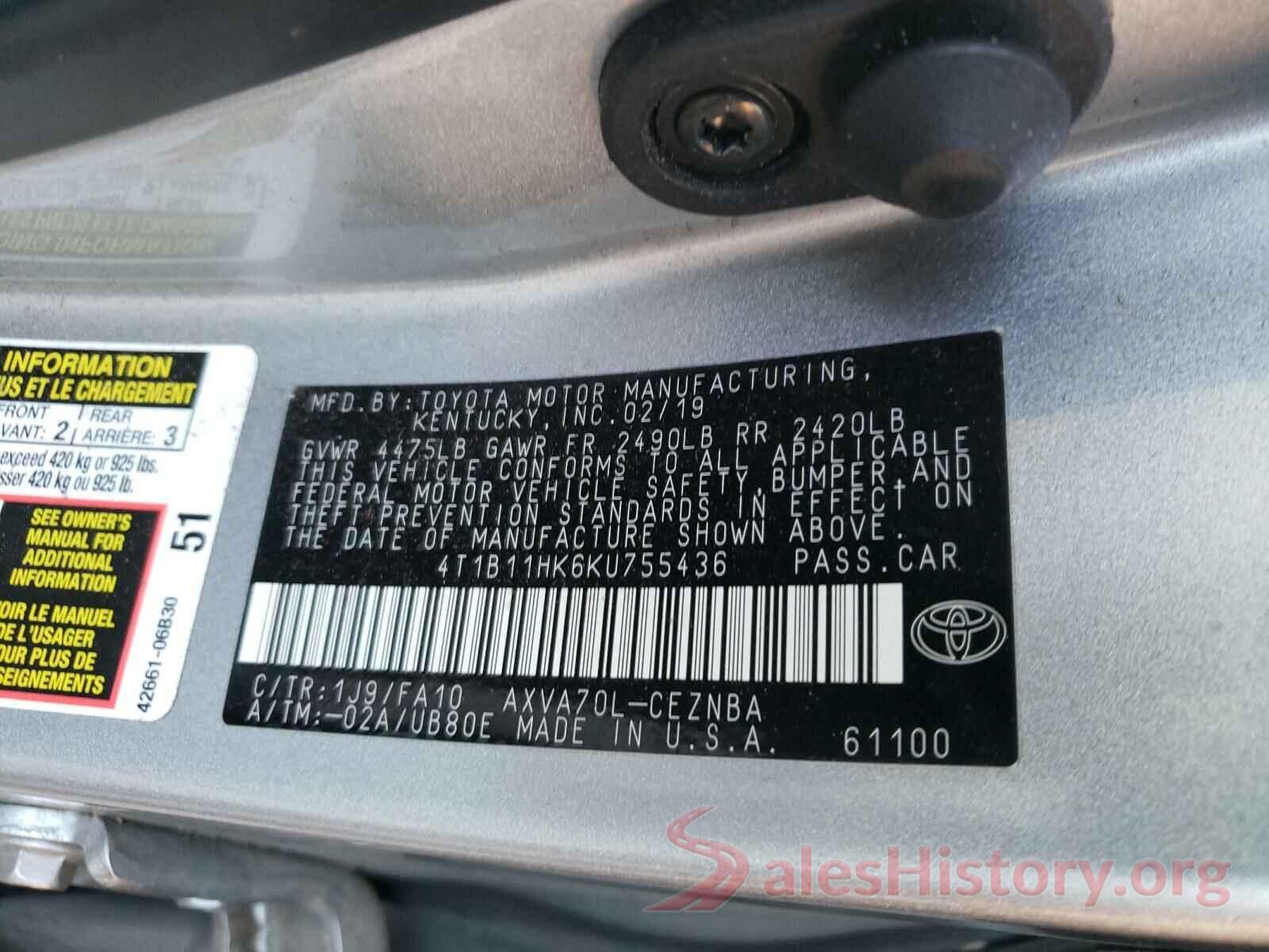 4T1B11HK6KU755436 2019 TOYOTA CAMRY